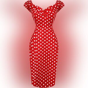 Collectif Dolores Wiggle Red and White Polka Dot Midi Dress NWOT